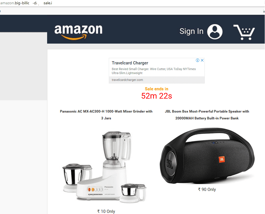 Site falso da Amazon que supostamente oferece liquidações da empresa.