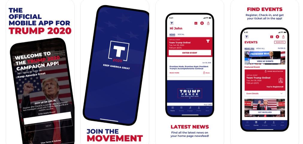 Telas do Official Trump 2020 App