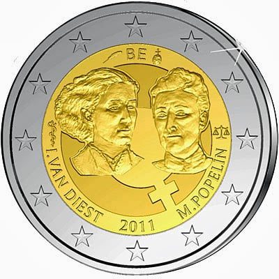 O governo belga emitiu uma moeda de € 2 em homenagem a Van Diest ao lado da primeira advogada belga, Marie Popelin.  Imagem: Ilustração.