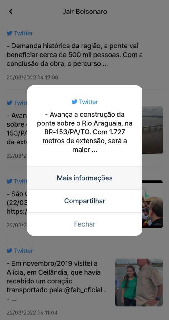 Tela de acesso as postagens das redes sociais pelo app Bolsonaro TV