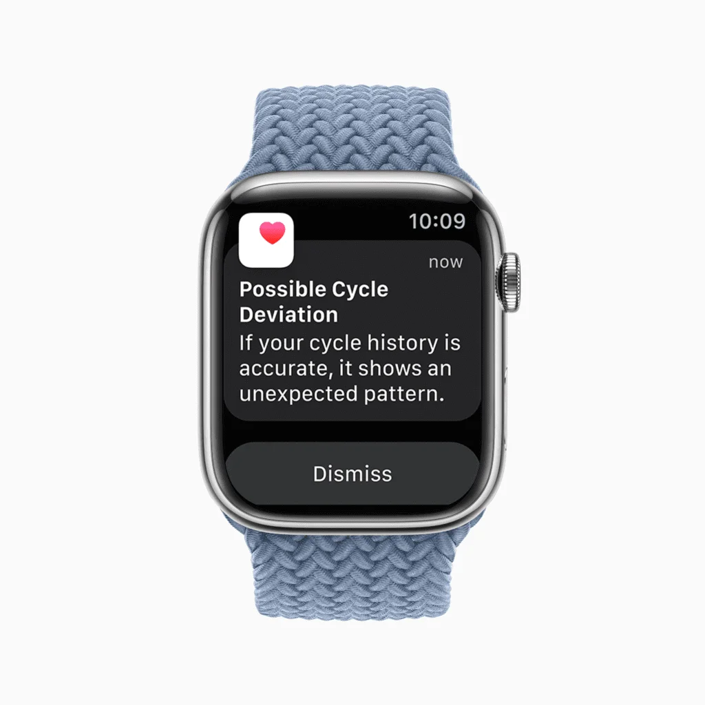 Novo no iOS 16 e watchOS 9, o Cycle Tracking agora pode enviar notificações se o histórico de ciclos registrados de um usuário mostrar um possível desvio, incluindo períodos irregulares, infrequentes ou prolongados.
