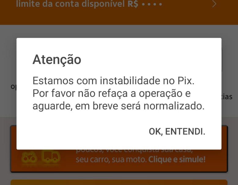 "Atenção, estamos com instabilidade no Pix. Por favor refaça a operação e aguarde, em breve será normalizado.'
Mensagem sendo exibida no app do Itau ao tentar realizar uma transação por Pix