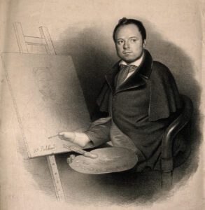 Louis Joseph César Ducornet, an artist born without arms. Lithograph by H. Robillard.
Robillard, Hippolyte.
Date:
1830-1839
Reference:
269i