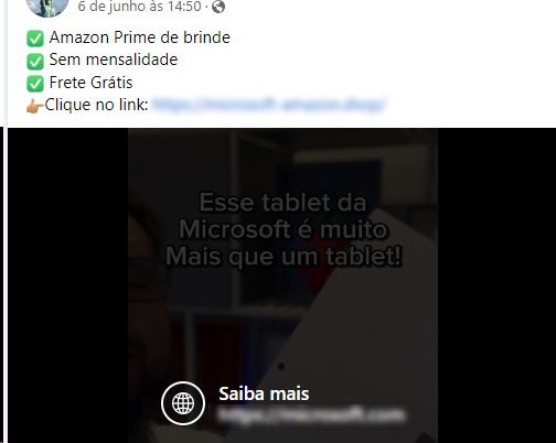 Modelo da postagem no Facebook utilizada por criminosos para promoção Fake