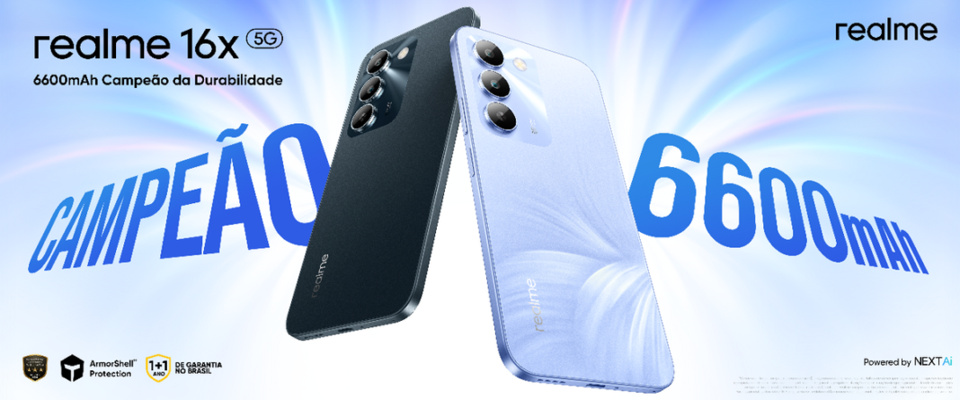 Com bateria de 6.600 mAh, realme 16x 5G chega ao Brasil Com bateria de 6.600 mAh, realme 16x 5G chega ao Brasil