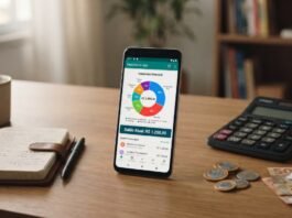Smartphone com app de controle financeiro, calculadora e notas de real sobre uma mesa