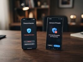 iPhone e Galaxy com chamada desconhecida recusada e ícone de escudo, ilustrando o bloqueio de spam no celular