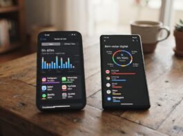 iPhone e Google Pixel lado a lado mostrando gráficos de tempo de uso dos aplicativos