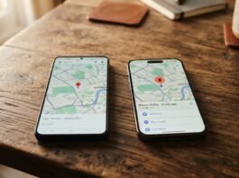 Android e iPhone lado a lado com mapa e pino de localização, ilustrando como localizar celular perdido