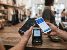 iPhone e smartphone Android sendo aproximados de uma maquininha para pagamento por aproximação