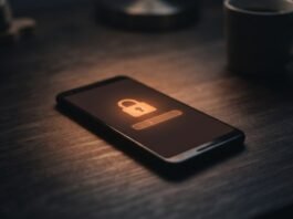 Smartphone com tela de login e cadeado sobre uma mesa escura