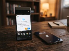 Google Pixel com notificação de login e cadeado ao lado de um iPhone