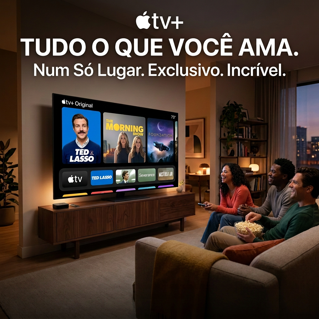 Apple TV 4K streaming entertainment advertisement Apple TV+; TUDO O QUE VOCÊ AMA. Num Só Lugar. Exclusivo. Incrível.; Apple TV 4K; Transmita em 4K Dolby Vision e Atmos. Assista a Apple TV+ Originals, filmes e muito mais.; Controle Remoto Siri; apple.com/tv; Assine agora em Apple TV+; Netflix; Disney+; HBO Max; prime video; Milhares de Apps e Canais