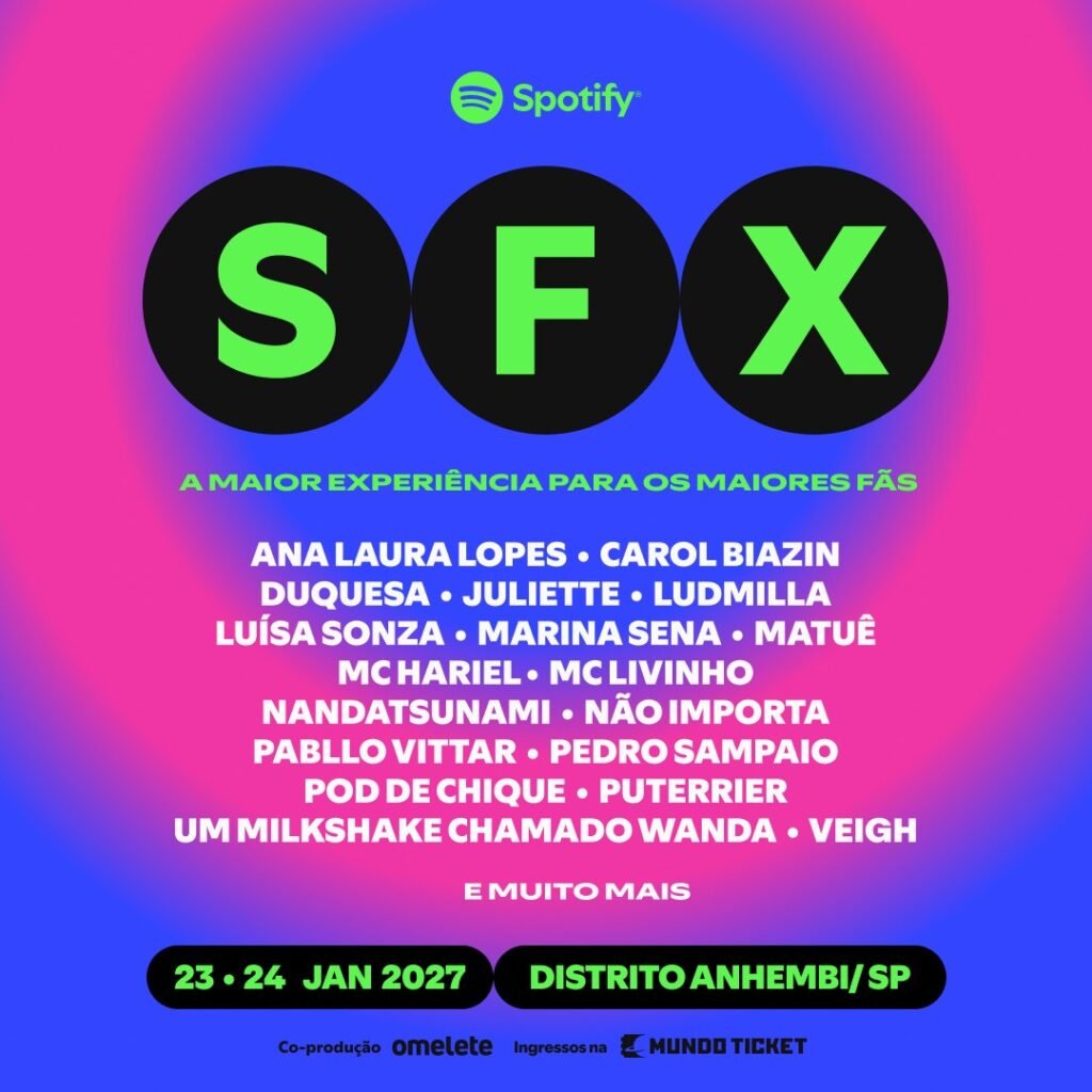 Pôster de divulgação do SFX, evento do Spotify para superfãs, com o line-up